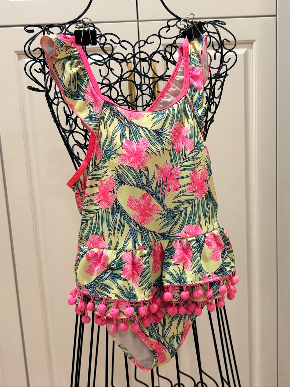 Nicole Miller Girls Floral Pink Trim Ruffle One-Piece Swimsuit
